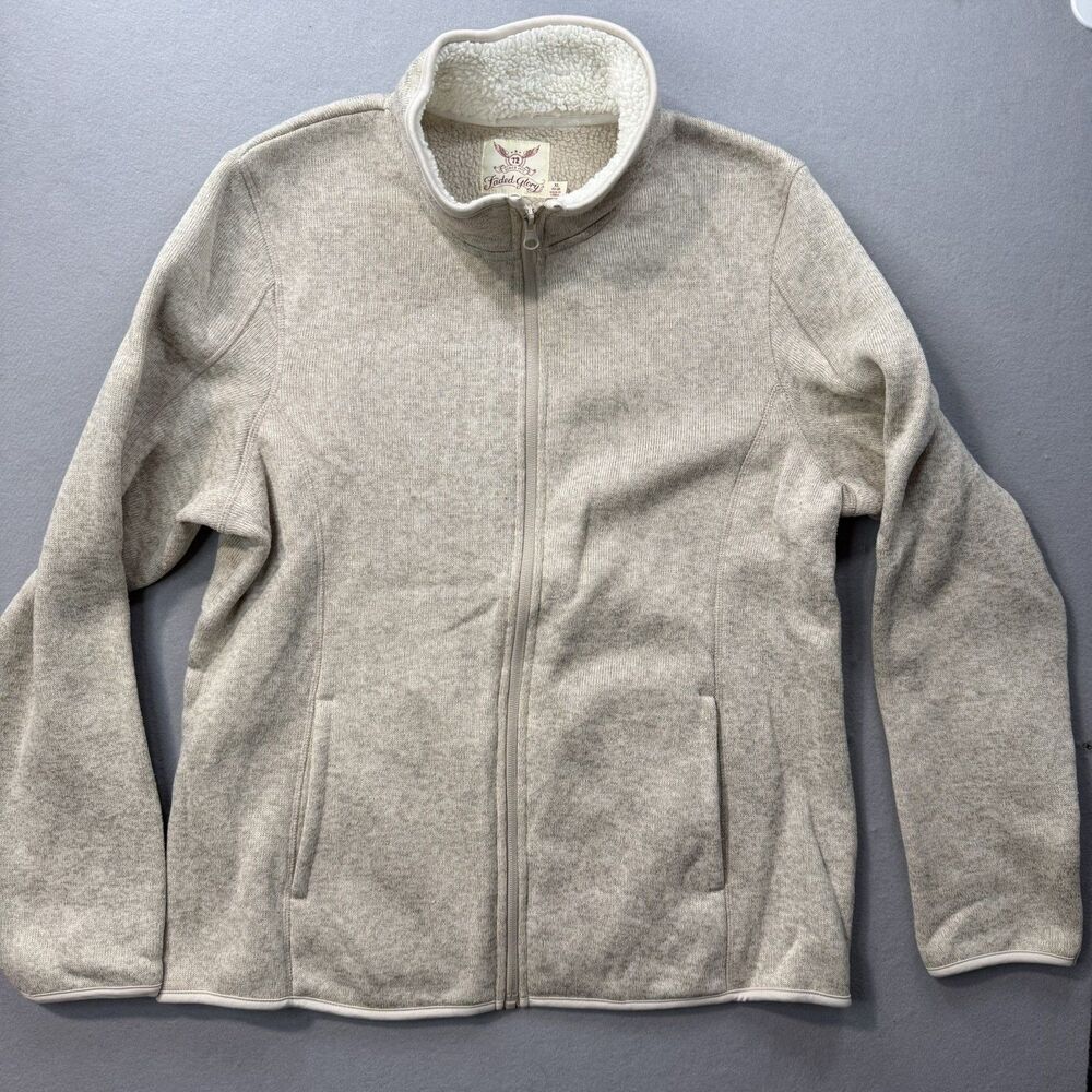 Faded Glory Womens Fleece Jacket Size XL Beige Heathered Gray Sherpa Trim zip